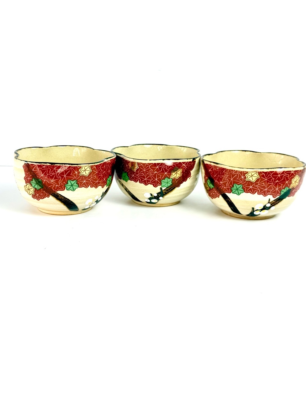 Vintage Unkin Full Cherry Blossoms & Maple Tree Kyo ware Bowls See Of 3 Japanese
